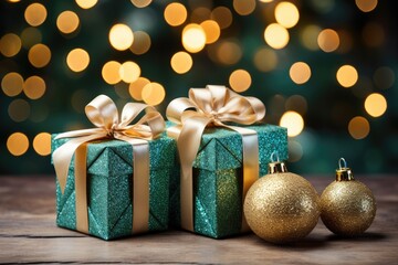 christmas decorations green tree ribbon colorful balls gift boxes bokeh background