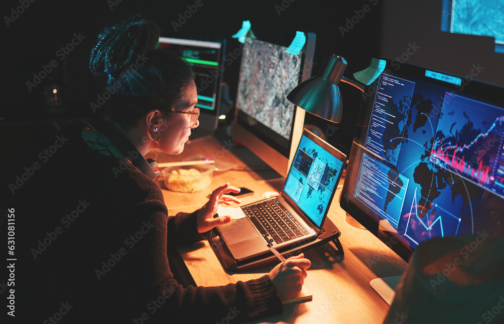 Aufkleber Cybersecurity, woman and computer with global info with map graphic for phishing and hacker data. Cyber crime, employee and technology for firewall hacking and ransomware coding for system algorithm