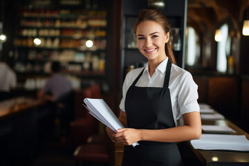 Smiling waitress holding a file - obrazy, fototapety, plakaty