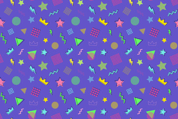 Abstract seamless pattern in memphis style, bright geometric shapes on violet background, 90s party invitation design