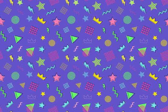 Abstract seamless pattern in memphis style, bright geometric shapes on violet background, 90s party invitation design