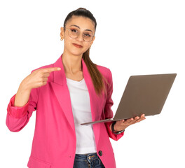 Holding laptop, portrait of young caucasian business woman holding laptop. Pointing index finger to modern computer pc notebook. Wearing pink formal jacket, copy space. Transparent png background.