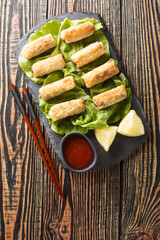 Cha Gio Vietnamese Fried Spring Rolls stuffed with chicken closeup on the plate on the table. Vertical top view from above