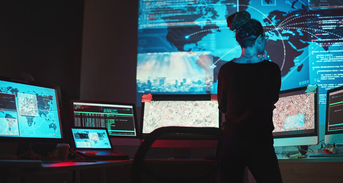 Cybersecurity, woman and map of global network for phishing, ransomware and cyber terrorism search. Maps, digital database and IT in dark room for virtual malware hacking fix of a employee back