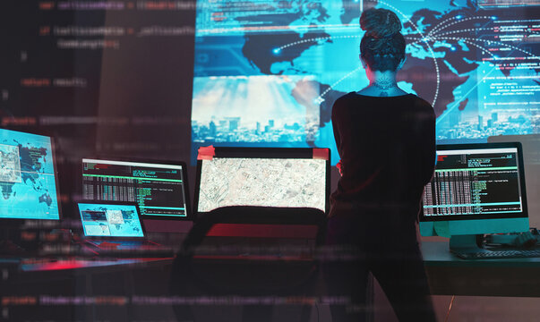 Cybersecurity, woman hacker and global network code for phishing, ransomware and cyber terrorism search. Maps, digital database and IT website in dark room for virtual malware hacking fix of employee