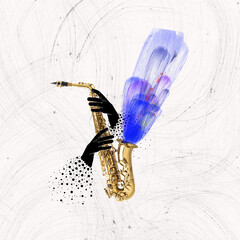 Abstract design with human hands holding saxophone over light background. Classical sound....