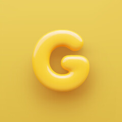 3D Yellow letter G with a glossy surface on a yellow background .