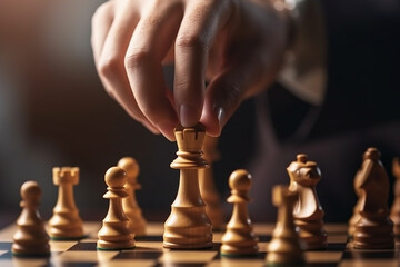 Strategic Businessman's Hand Playing Chess in Close-up - Competition and Success Created with Generative AI Tools