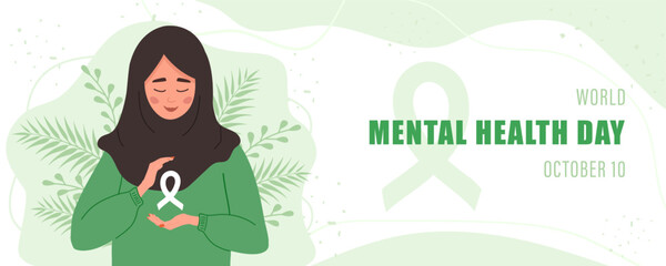 World mental health day banner. Happy islamic woman with ribbon. Annual international health campaign. Vector illustration in flat cartoon style.