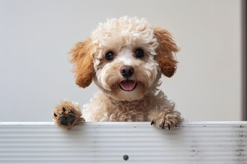 Poodle dog on a white board with amusingly hanging paws. Generative AI