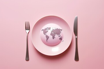 World map on pink plate with fork and knife on pink background.