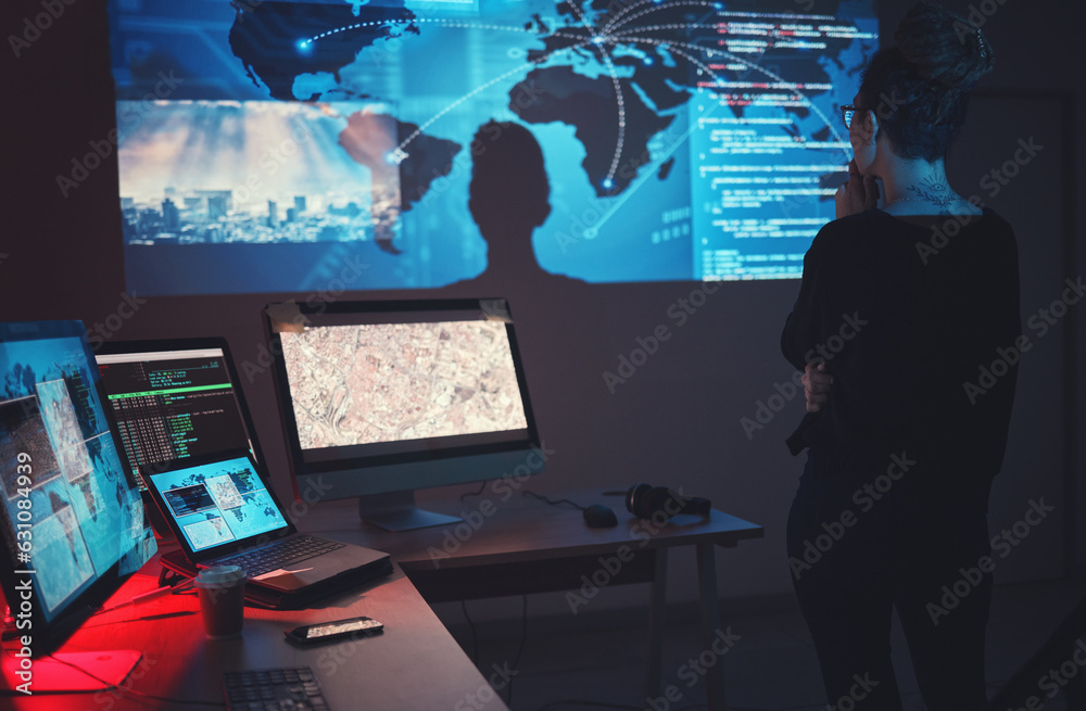 Poster Cybersecurity, woman thinking and global network tech for phishing, ransomware and cyber terrorism search. Maps, digital database and IT in dark room for virtual malware hacking fix of employee