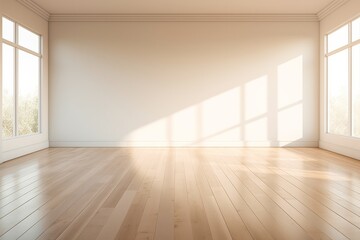 An empty room with a wall and a hardwood floor with natural light from both windows, suitable for presentation's interior background , ai generative