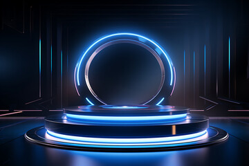 metallic podium in a futuristic setting illuminated by neon lights for promoting tech products and cutting AI Generative