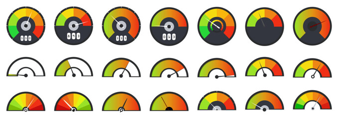 Speedometer, gauge meter icons. Customer satisfaction indicators with poor and good levels.