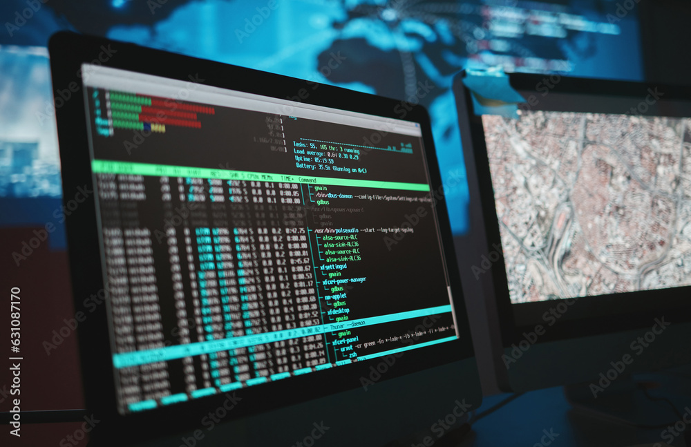 Aufkleber Computer screen, cybersecurity and technology background for surveillance, data analytics and worldwide coding. Gdpr, html hacking and satellite software development on monitor, global map and night