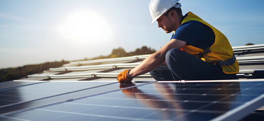Man worker installing solar panels on roof, energy concept Generative AI	