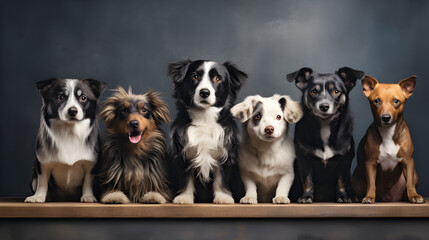 Dogs lined up together for a portrait in front of a seamless grey background. Mixed breeds at an animal shelter Generative AI