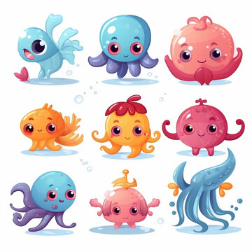 Set of cartoon cute sea animals isolated in white background, Cute sea life creatures cartoon animals with fish octopus jellyfish isolated vector illustration