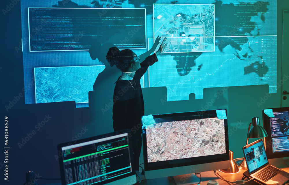 Aufkleber Cybersecurity, woman and global network presentation for phishing, ransomware and cyber search. Maps, digital database and IT worker in dark room for virtual malware hacking fix of a programmer