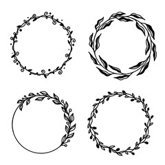 Hand drawn floral frames with flowers, branch and leaves. Botanical wreath. Laurel plant leaf, floral frame, round olive leaves, branch for greek wedding, crest logo.