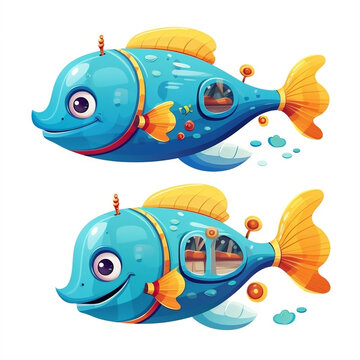 Set of cartoon submarine in fish shape, cute vector illustration of a submarine, marine