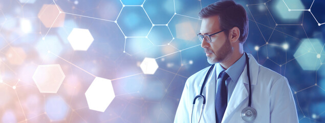 A doctor in a white coat on a futuristic abstract background.