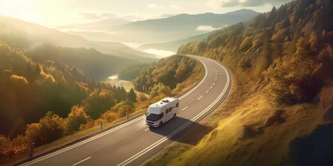 Fotobehang Luxurious Motorhome Adventuring Along a Scenic Mountain Road - AI generated © artefacti