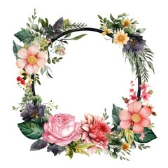 Floral watercolor circular frame. Hand drawn template for greeting cards or wedding invitations on isolated background. Round botanical vintage border.