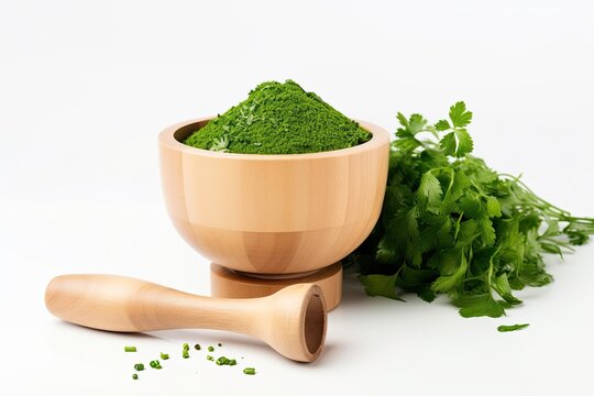 On a white backdrop, isolated, are fresh herbs in a mortar. Generative AI