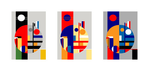 Vector tr&iacute;ptico de tres figuras geom&eacute;tricas redondas y cuadradas de colores diferentes con fondo gris, carteles geom&eacute;trico estilo bauhaus.