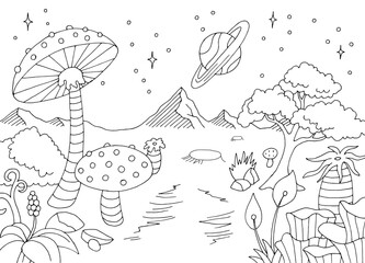 Obraz premium Forest on alien planet graphic black white space landscape sketch illustration vector