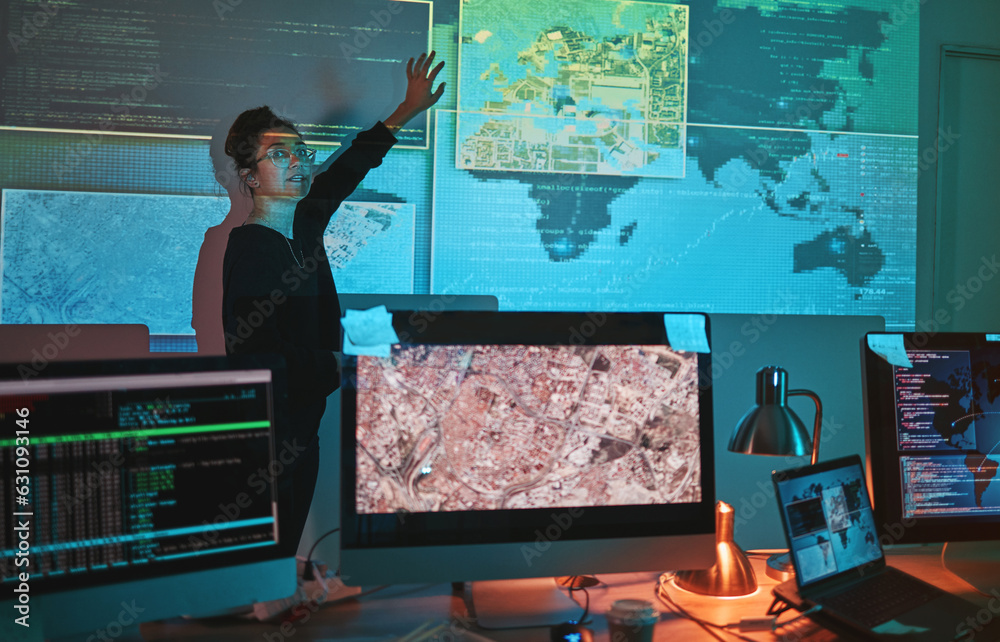 Fototapete Cybersecurity, woman and global presentation with map graphic for phishing and hacker data. Cyber crime, employee and technology for firewall hacking and ransomware coding for system algorithm