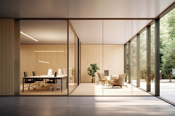 Fototapeta premium Interior of modern office waiting room Contemporary meeting room with white walls, concrete floor, long wooden table with beige chairs and panoramic windows