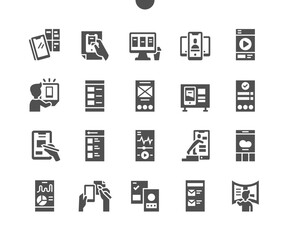 Mobile ux. Social media app. Mobile application. Gui, development, creative, network, prototype, widget, webpage and interface. Vector Solid Icons. Simple Pictogram
