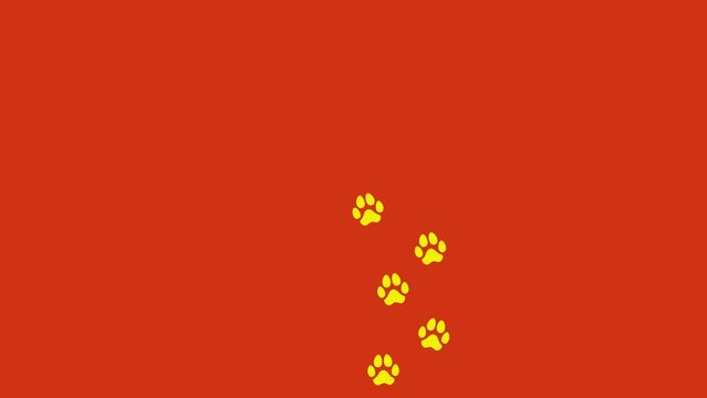 Animation: a trail of yellow footprints (comics silhuoette shapes) on an orange background, a dog walking alone on a path going from bottom to top, vertical orientation.