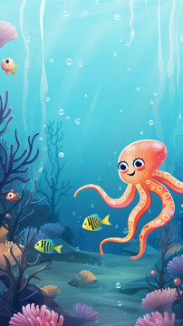 Underwater cartoon illustration, undersea game background with marine life. cute octopus, fish, coral