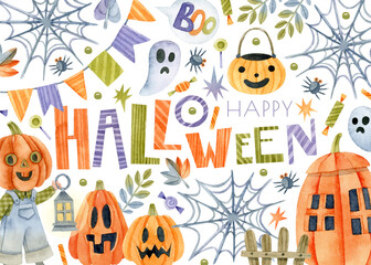 Watercolor Halloween background with lettering, pumpkins, Jack O'Lantern, spider's web and candies