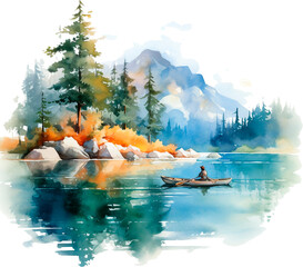 Watercolor painting of landscape with fisheman in a boat. in watercolor style. Watercolor illustration isolated on white background. - 631094728
