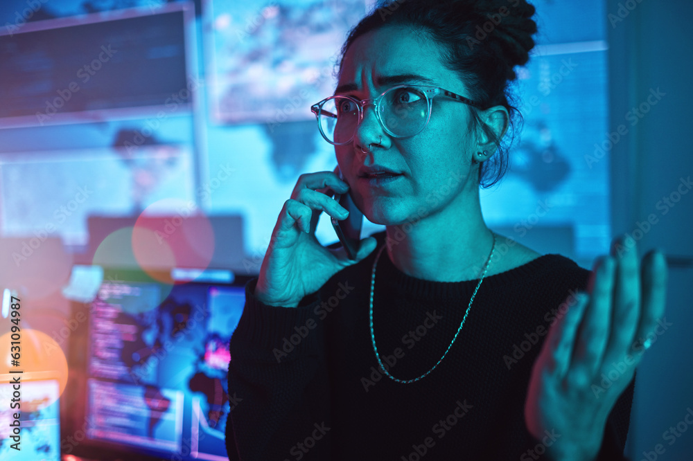Poster Night, angry and a woman hacker on a phone call during a cyber security emergency in her office. Communication, software problem and dark with a female programmer talking about information technology