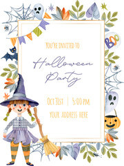 Obraz na płótnie Canvas Watercolor Halloween party invitation flyer with witch, autumn leaves, ghosts and pumpkins