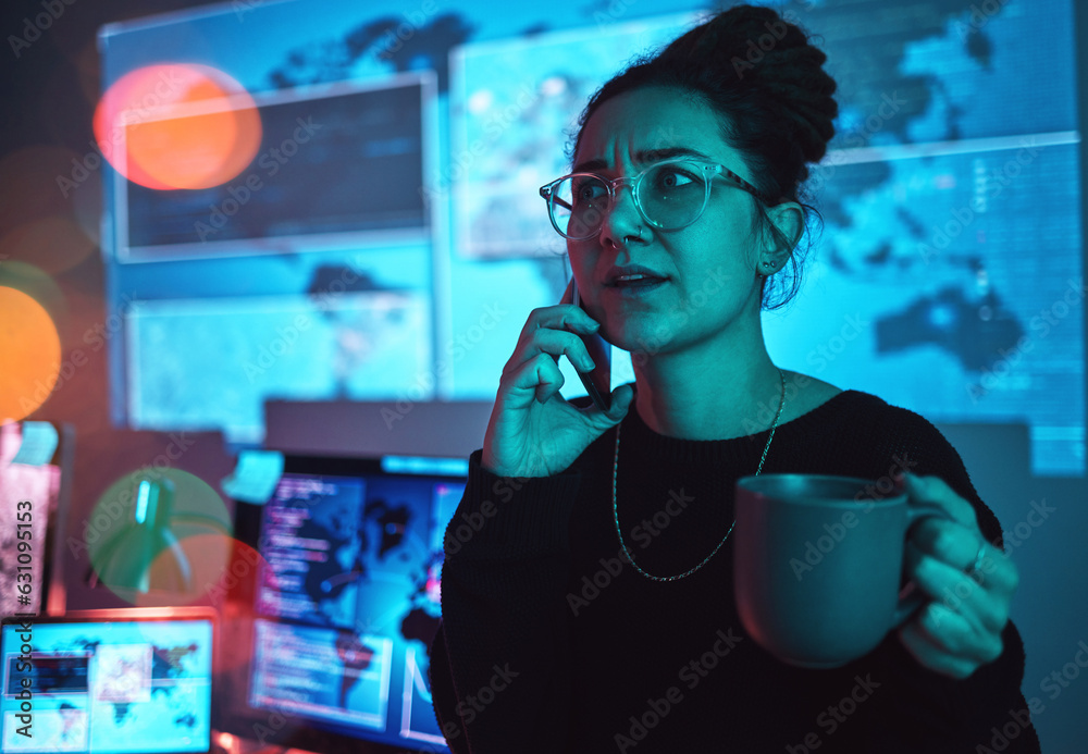 Poster Night, coffee and a woman hacker on a phone call during a cyber security emergency in her office. Communication, software and dark with a programmer talking about an information technology problem