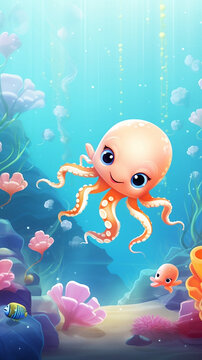 Underwater cartoon illustration, undersea game background with marine life. cute octopus, fish, coral