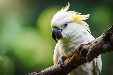 Cacatua galerita - Sulphur-crested Cockatoo sitting on the branch in Australia. Big white and yellow cockatoo with green background.