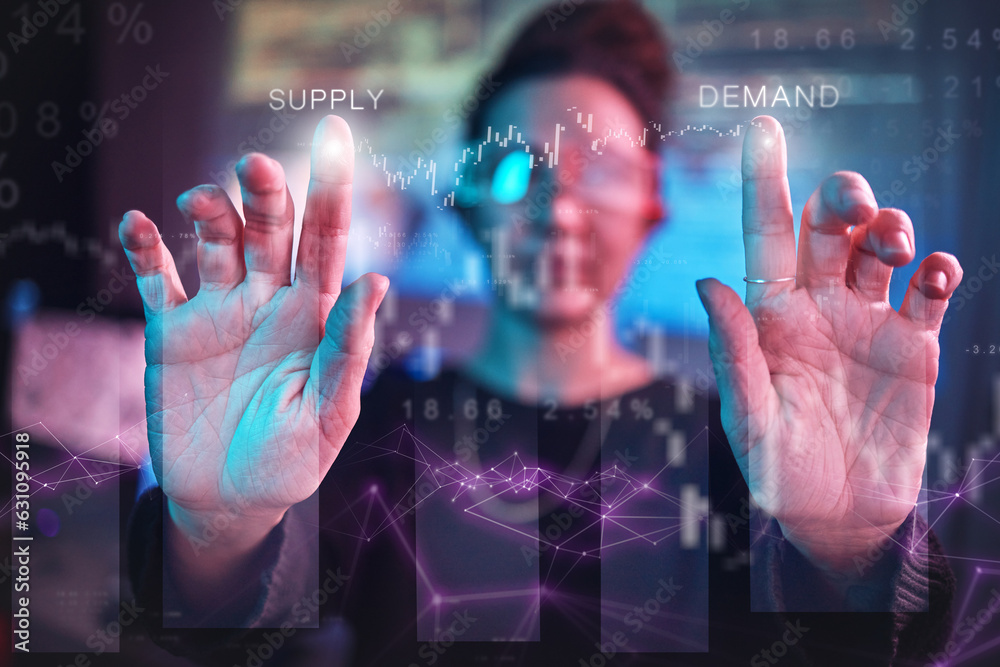 Aufkleber Hands of woman, vr algorithm and hologram coding for web business, futuristic technology and ar analysis. Data overlay, supply and demand dashboard, programmer with virtual reality charts and graphs