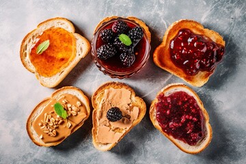 Fototapeta na wymiar Toasts with colorful jams, a mouthwatering breakfast delight captured in a delightful flat lay. AI Generated.