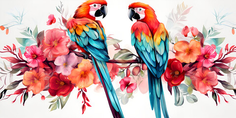 Macaws sitting on Curved flower Branches ,valentines day