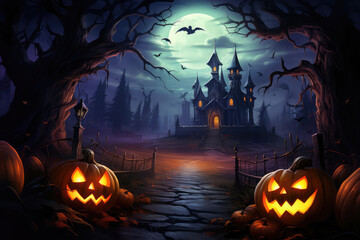 Halloween background with haunted castle, bats, spooky trees and pumpkins.