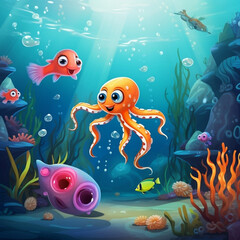 Fototapeta na wymiar Underwater cartoon illustration, undersea game background with marine life. cute octopus, fish, coral