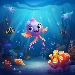 Obraz na płótnie Canvas Underwater cartoon illustration, undersea game background with marine life. cute octopus, fish, coral